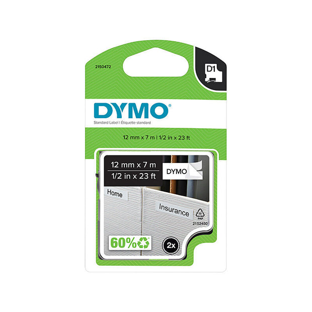 Dymo D1 Blk on Wht 12mmx7m Pk2 Black White