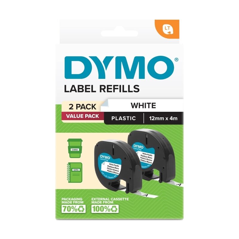Dymo LetraTag PlasTape Wht Pk2 12mm X 4M White