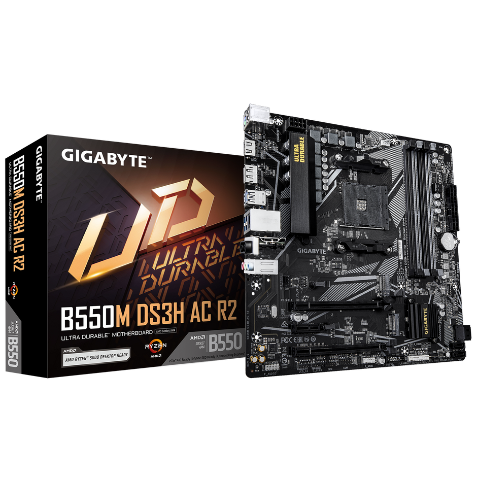 B550M DS3H AC R2 Motherboard; AMD Socket AM4:Supports AMD Ryzen 5000 / 4000 / 3000 Series Processors; Dual Channel DDR4:4*DIMMs