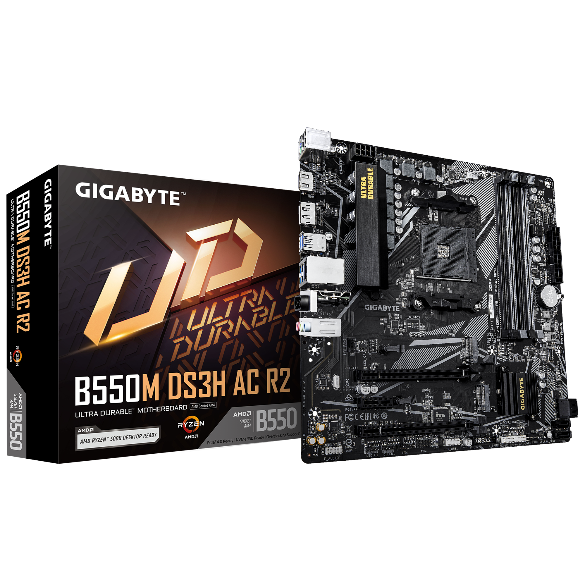 B550M DS3H AC R2 Motherboard; AMD Socket AM4:Supports AMD Ryzen 5000 / 4000 / 3000 Series Processors; Dual Channel DDR4:4*DIMMs