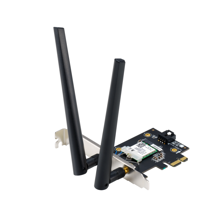 ASUS WiFi 7 PCI-E Adapter with 2 external antennas. Supporting 6GHz band, 4096-QAM, Bluetooth 5.4, WPA3 network security