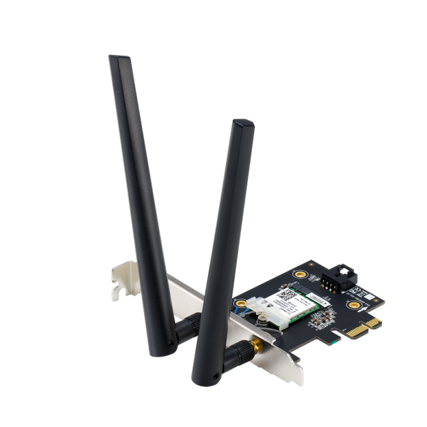 ASUS WiFi 7 PCI-E Adapter with 2 external antennas. Supporting 6GHz band, 4096-QAM, Bluetooth 5.4, WPA3 network security